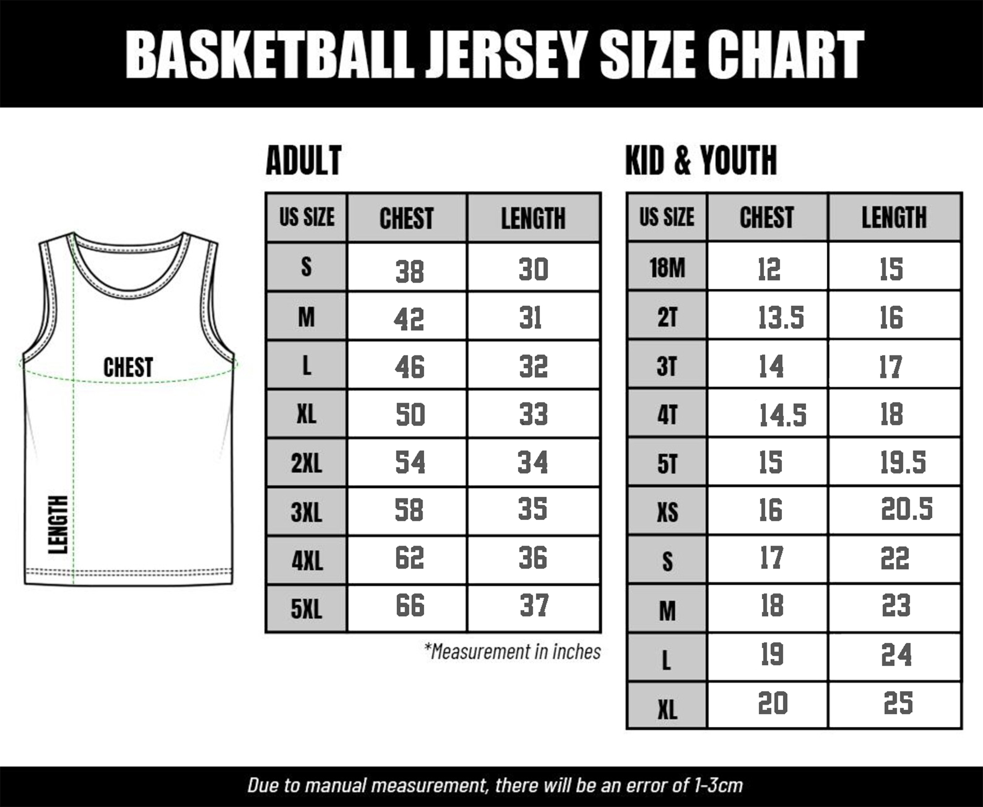 Basketball Jersey Size Chart