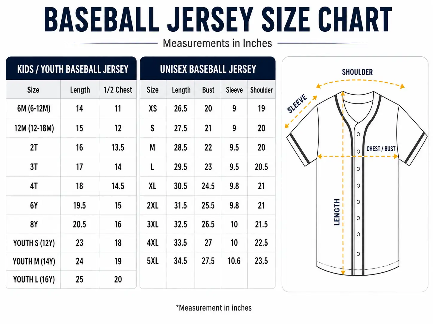 Baseball Jersey Size Chart